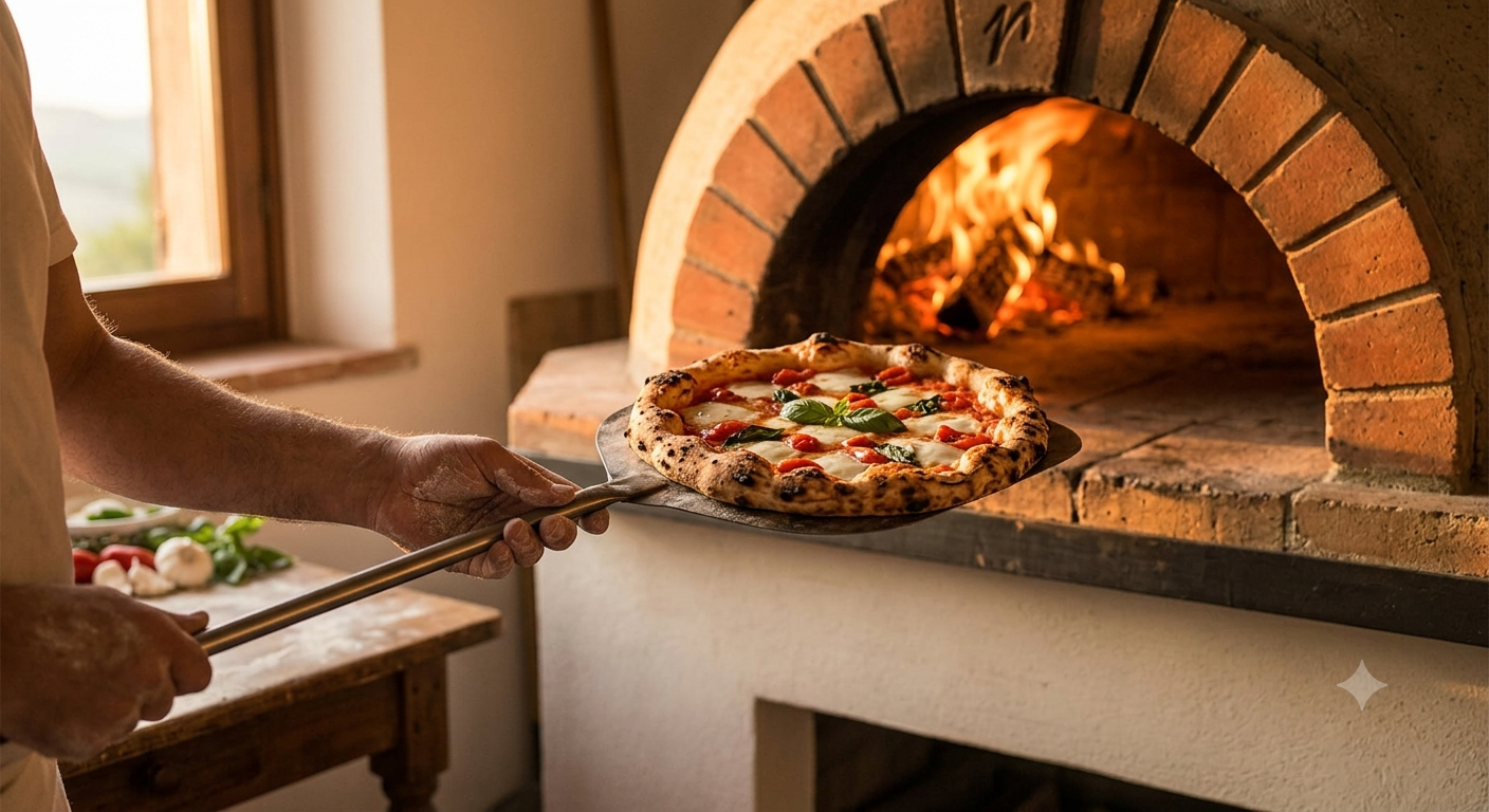 Frisch gebackene Pizza mit Tomaten, Mozzarella und Basilikum, dahinter Olivenhaine und ein toskanisches Dorf